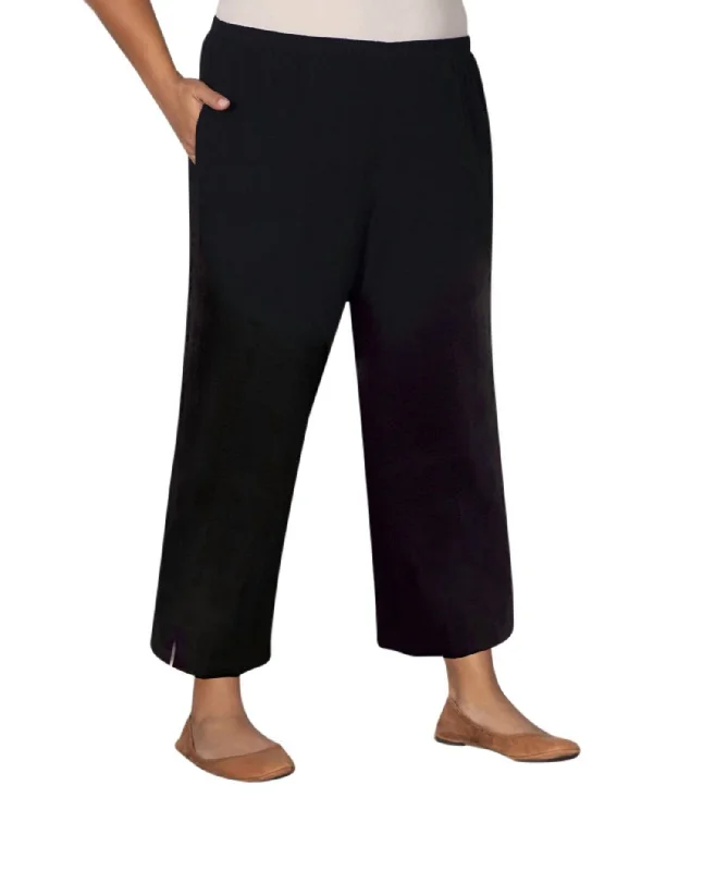 women's patterned pantsLinen Pull On Wide Leg Flood Pants - Plus In Black