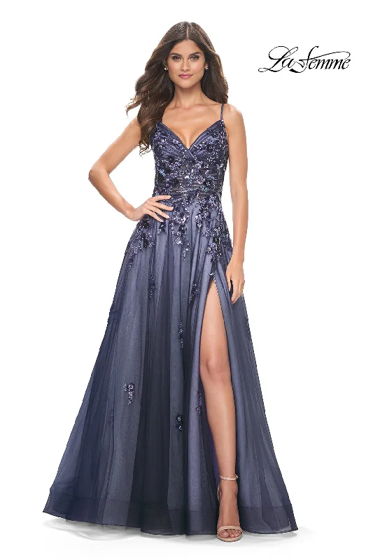 women's fair-trade dressesLa Femme 32185 Two-Tone Sequin Surplice Gown