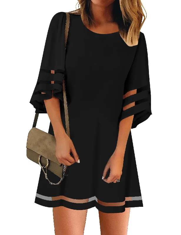 women's glam dressesWomen Casual Crewneck Mesh Panel 3/4 Bell Sleeve Loose Tunic Dress