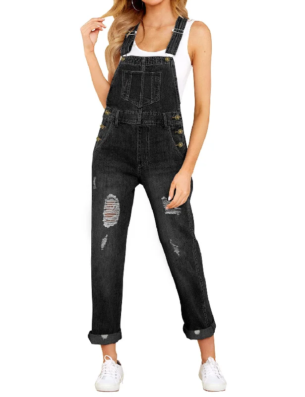 women's silk dressesBlack Cuffed Hem Ripped Bib Denim Overall Jumpsuit