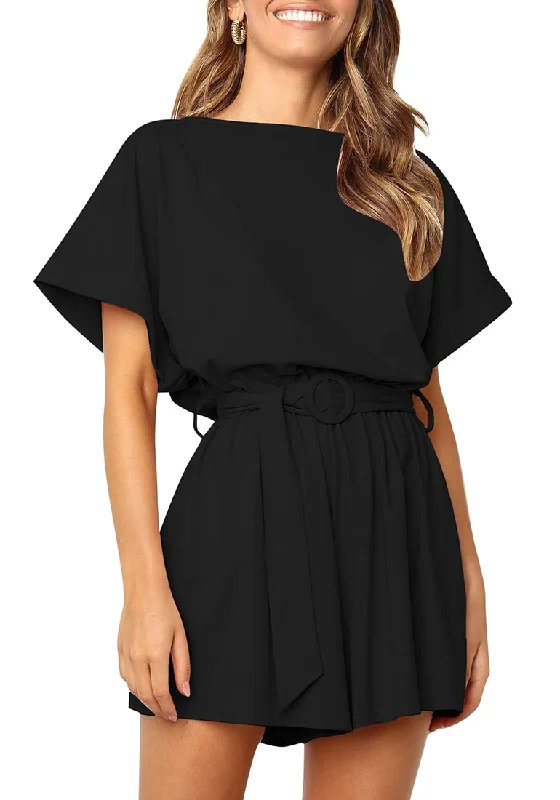 Designer DressBlack Elastic-Waist Short Sleeves Belted Loose Romper