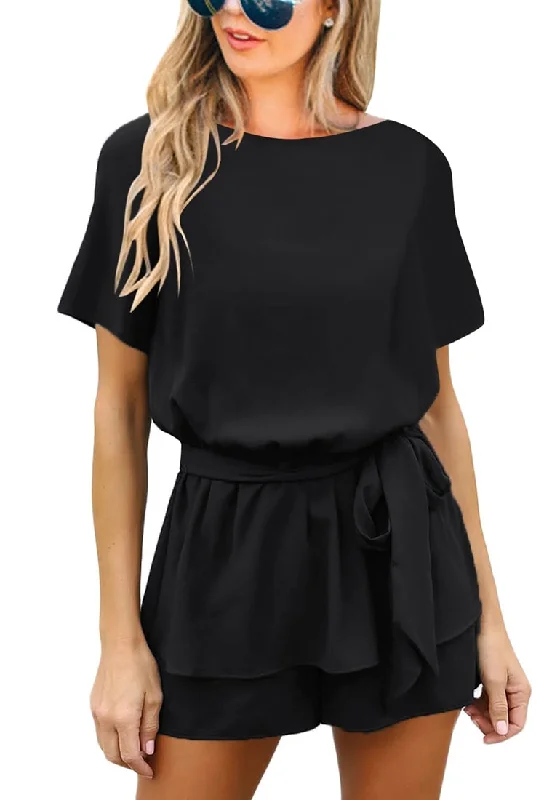 women's made-to-order dressesWomen Casual Short Sleeves Self-Tie Belted Short Romper Jumpsuits