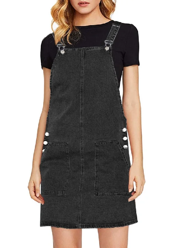 women's chiffon dressesBlack Side Pockets Overall Denim Pinafore Dress