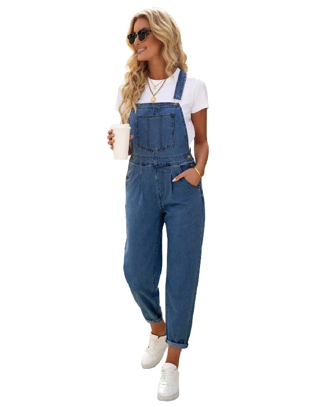 Solid Color DressBlue Cuffed Denim Bib Jeans Overalls