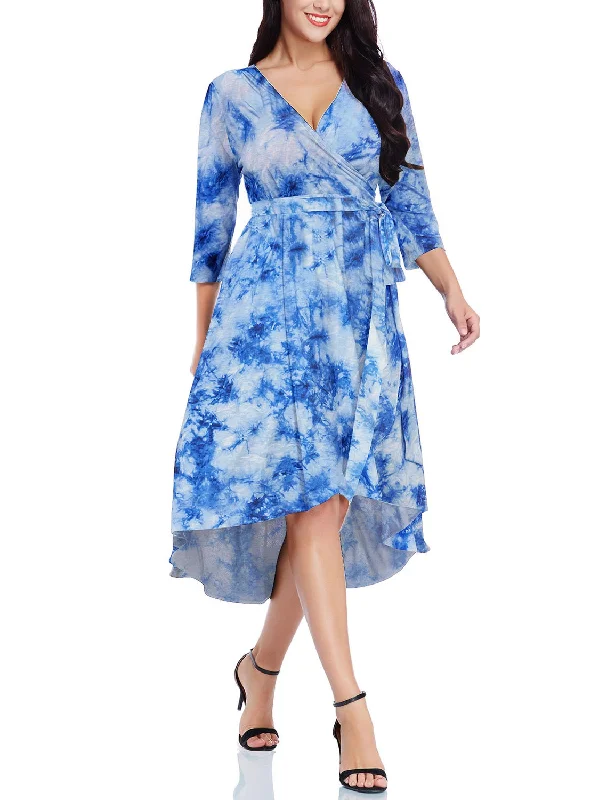 Crepe DressBlue Tie-Dye High-Low Plus Size Wrap Skater Dress