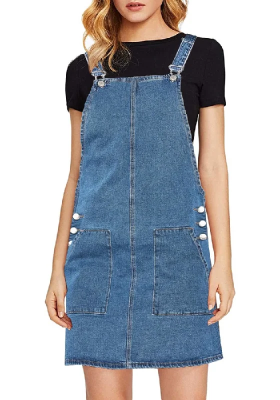 women's midi dressesBlue Side Pockets Overall Denim Pinafore Dress