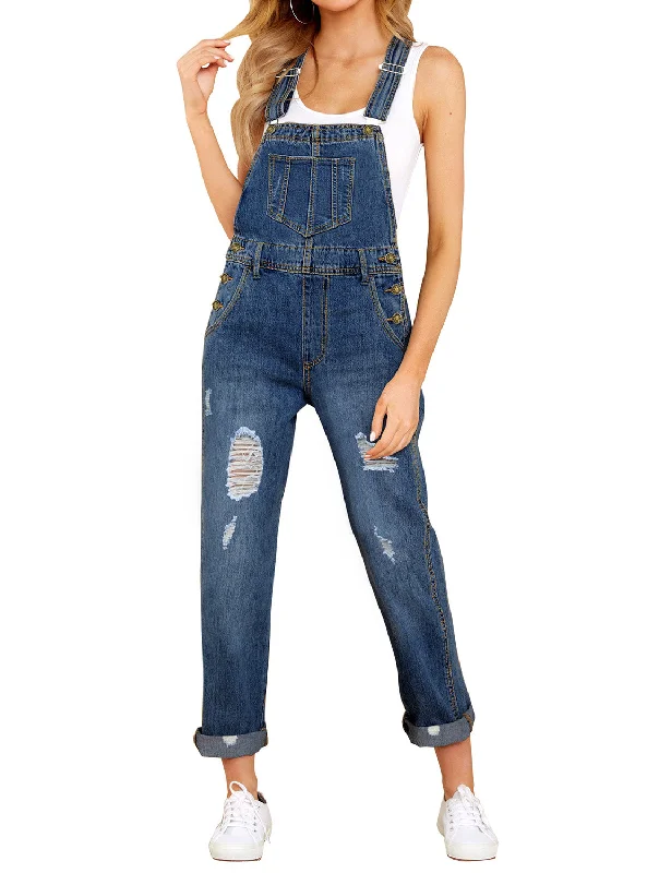 women's spaghetti strap dressesDark Blue Cuffed Hem Ripped Bib Denim Overall Jumpsuit