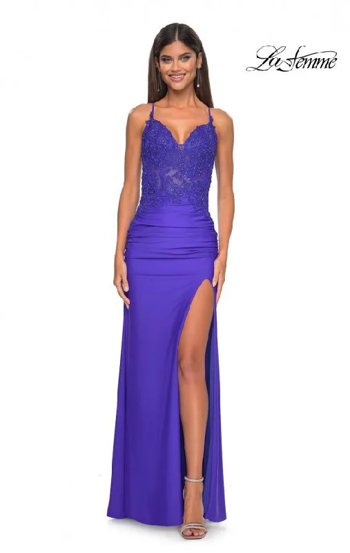 women's silk dressesLa Femme Lace Jersey with Slit | Royal Blue