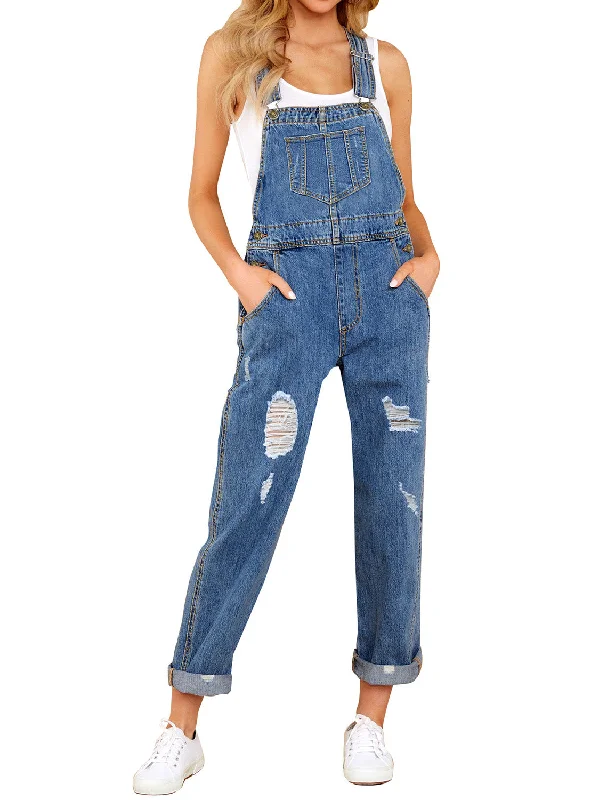 women's petite dressesLight Blue Cuffed Hem Ripped Bib Denim Overall Jumpsuit