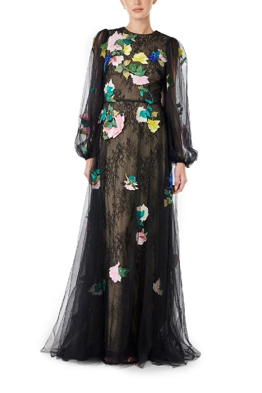 women's machine-washable dressesLong Sleeve Embroidered Tulle Gown