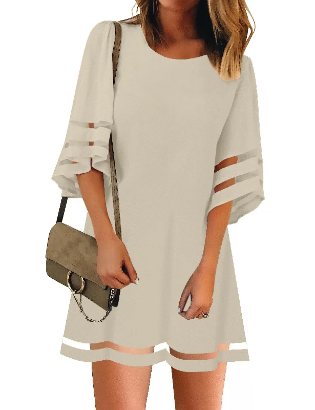 women's curve-hugging dressesWomen Casual Crewneck Mesh Panel 3/4 Bell Sleeve Loose Tunic Dress