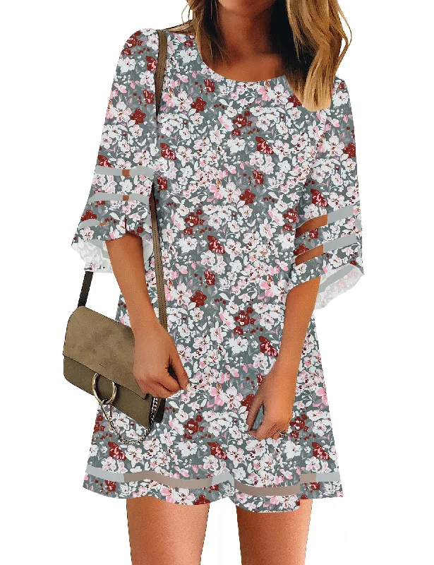 women's floral dressesWomen Casual Crewneck Mesh Panel 3/4 Bell Sleeve Loose Tunic Dress