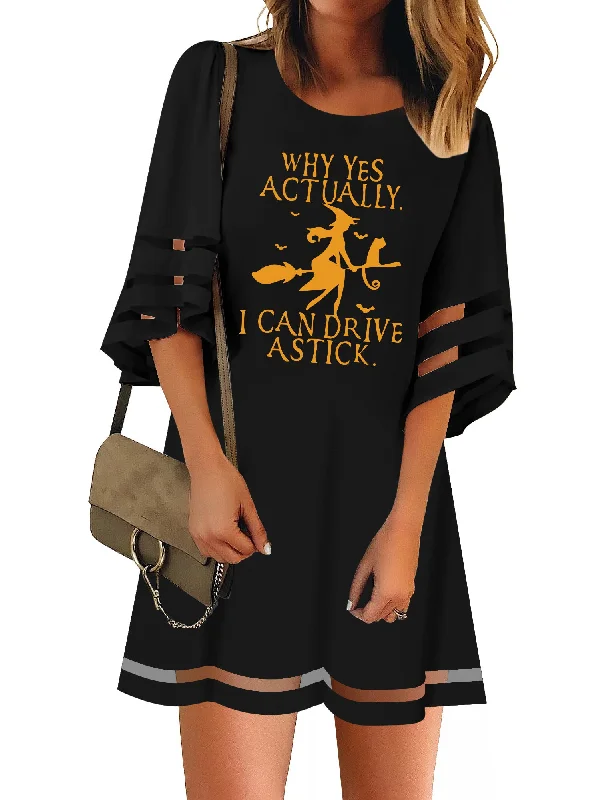 women's A-line dressesWomen Casual Crewneck Mesh Panel 3/4 Bell Sleeve Loose Tunic Dress