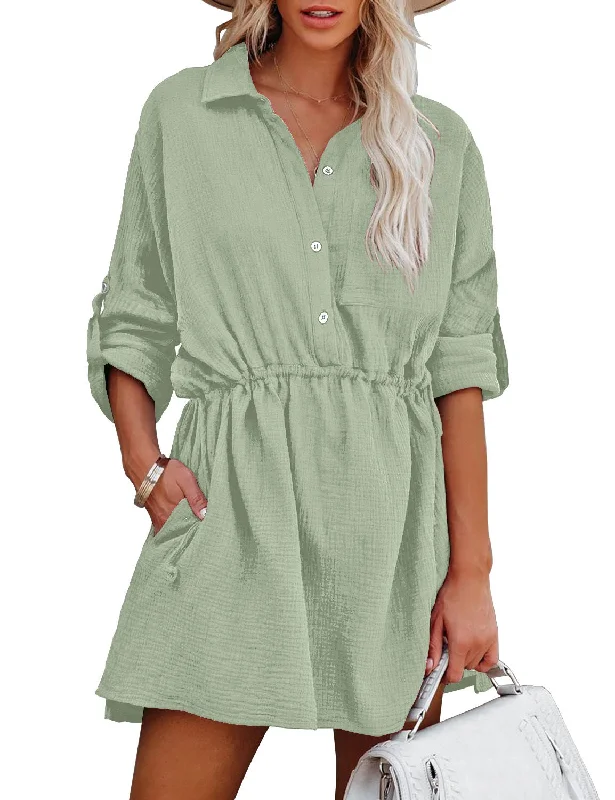 women's long-sleeved dressesMint Cuffed Long Sleeves Elastic-Waist Shirt Dress