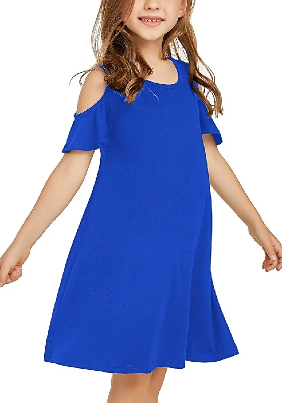 Laced-Up DressNavy Blue Cold Shoulder Ruffle Short Sleeves Girl Tunic Dress