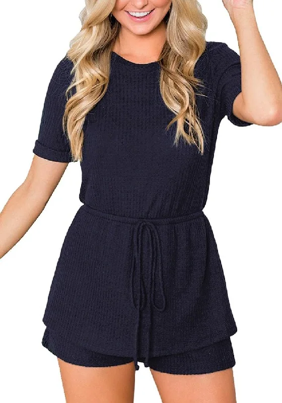 women's stretch dressesNavy Crew Neck Overlay Drawstring Knit  Romper