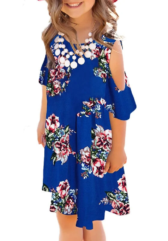 Elegant DressRoyal Blue Cold Shoulder Floral Short Sleeves Girl Tunic Dress