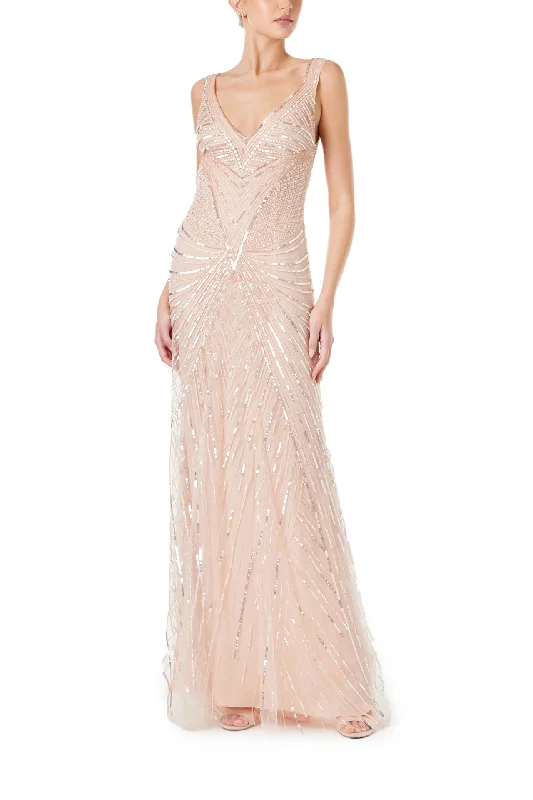 Sleeveless DressEmbroidered Tulle Deep V-Neck Gown