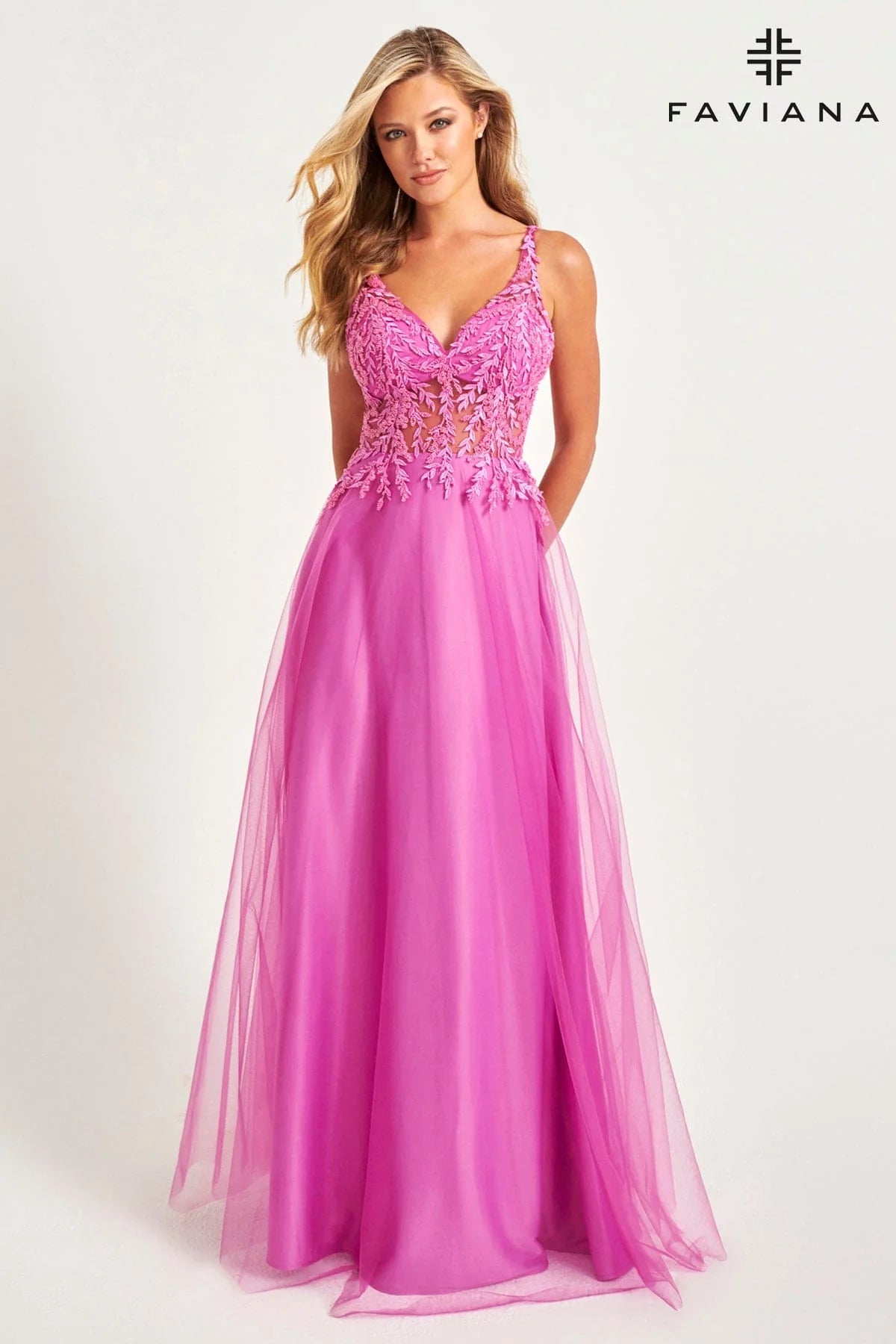 Sleeveless DressFaviana 11055 Tulle Applique V-Neck with Full Skirt