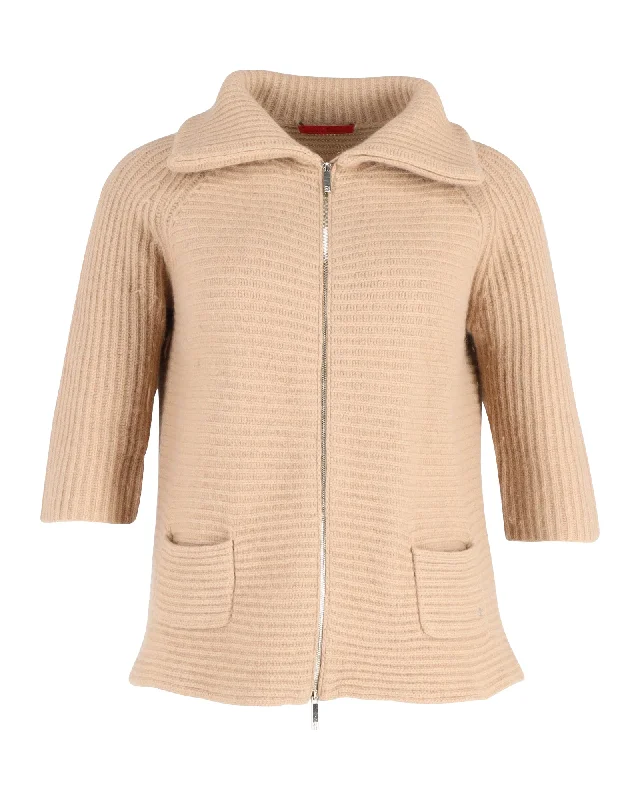 Cozy Custom Embellished SweatersCarolina Herrera Zip Rib Knit Cardigan in Beige Wool