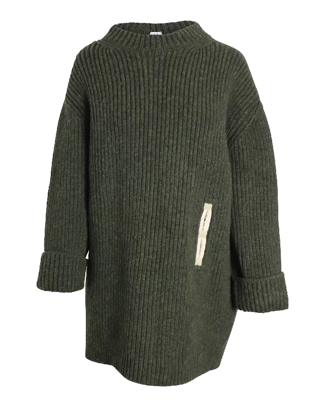 Extra-Large Knitted Crewneck SweatersCeline Contrast Pocket Chunky Sweater in Olive Wool