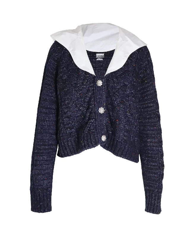 Casual SweatersGanni Cropped Embellished Poplin-collar Cable-knit Cardigan in Navy Blue Wool