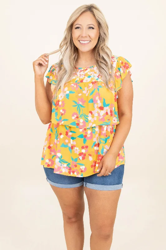 women's tops for mixing and matching with different bottomsI Gotta Know Top, Marigold-Teal