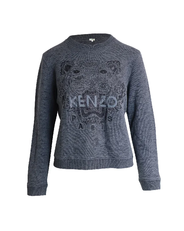 Soft Thick Cashmere SweatersKenzo Embroidered Tiger Melange Sweatshirt in Grey Cotton