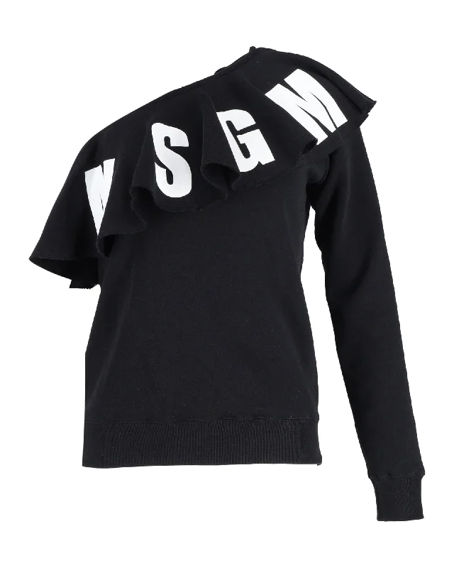 High-Quality Wool SweatersMSGM Logo Print One-Shoulder Ruffled Sweatshirt in Black Cotton