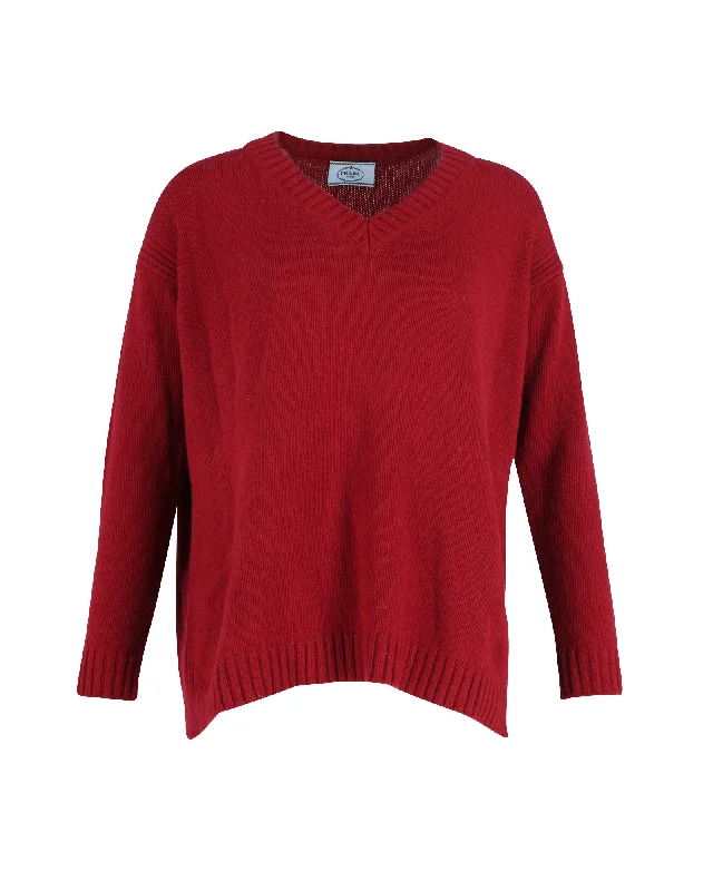 Knitted Crewneck SweatersPrada Elbow Patch V-neck Sweater in Burgundy Wool