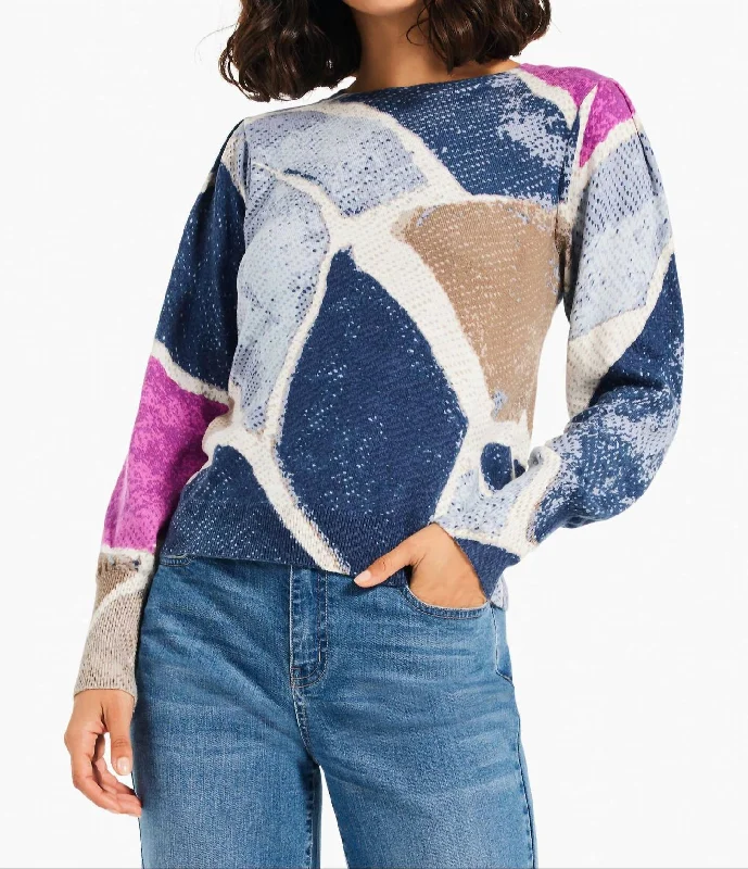 Crewneck SweatersPrinted Tiles Femme Sleeve Sweater In Blue Multi