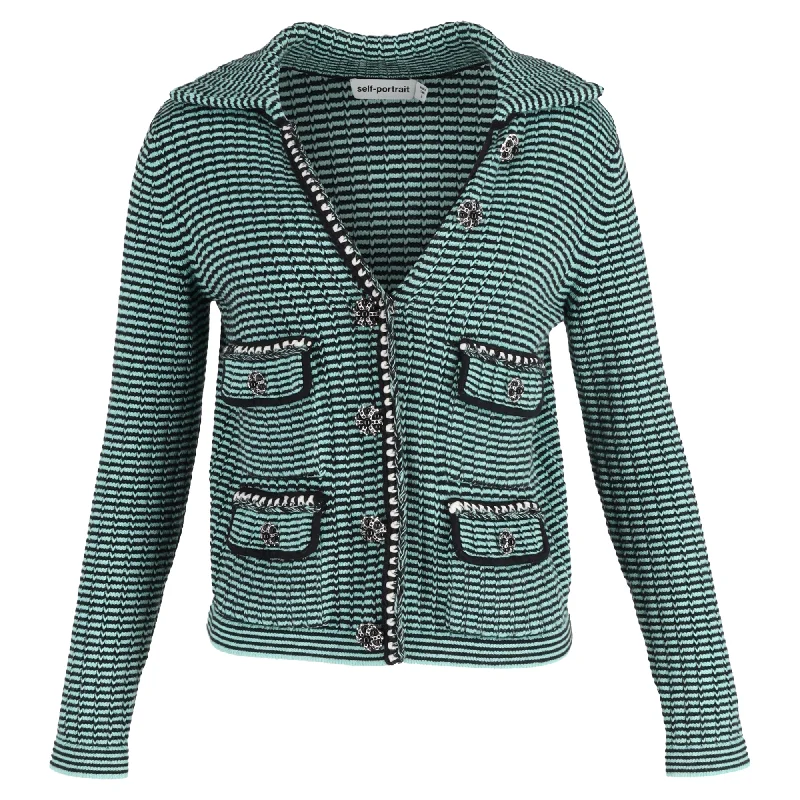 Designer SweatersSelf-Portrait Stripe Pocket Detail Collared Cardigan in Green Wool