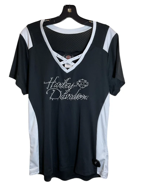 women's tops with flutter sleevesTop Short Sleeve By Harley Davidson In Black & White, Size: Xl